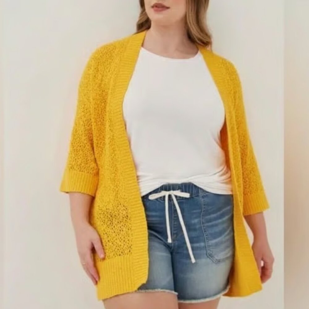 Torrid Yellow Open Stitch Pointelle‎ Knit Cardigan Sweater 3X 22-24